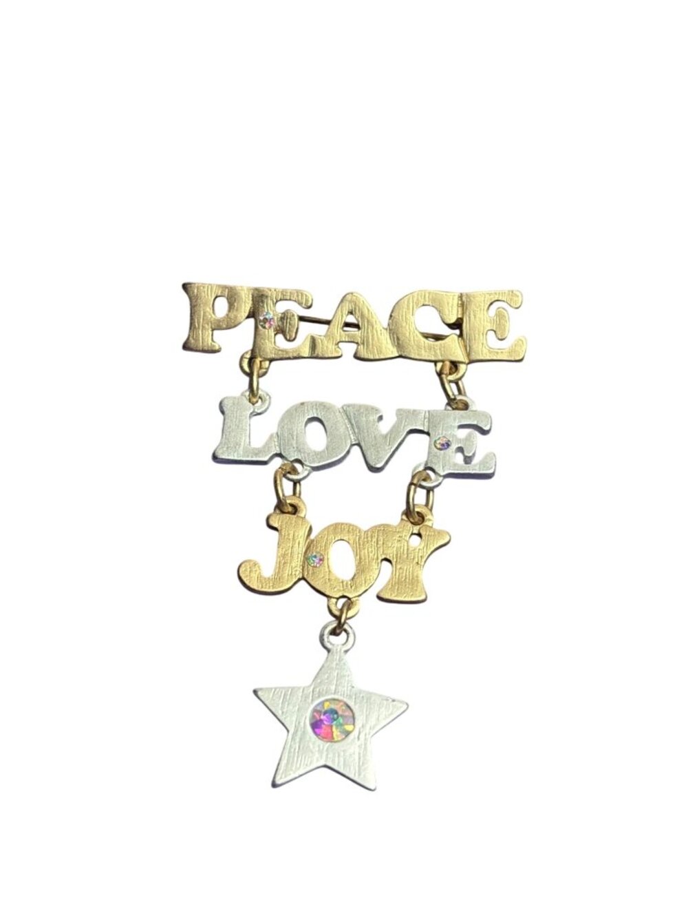 Vtg Peace Love Joy Christmas Brooch Pin Goldtone Silvertone AB Rhinestones Star